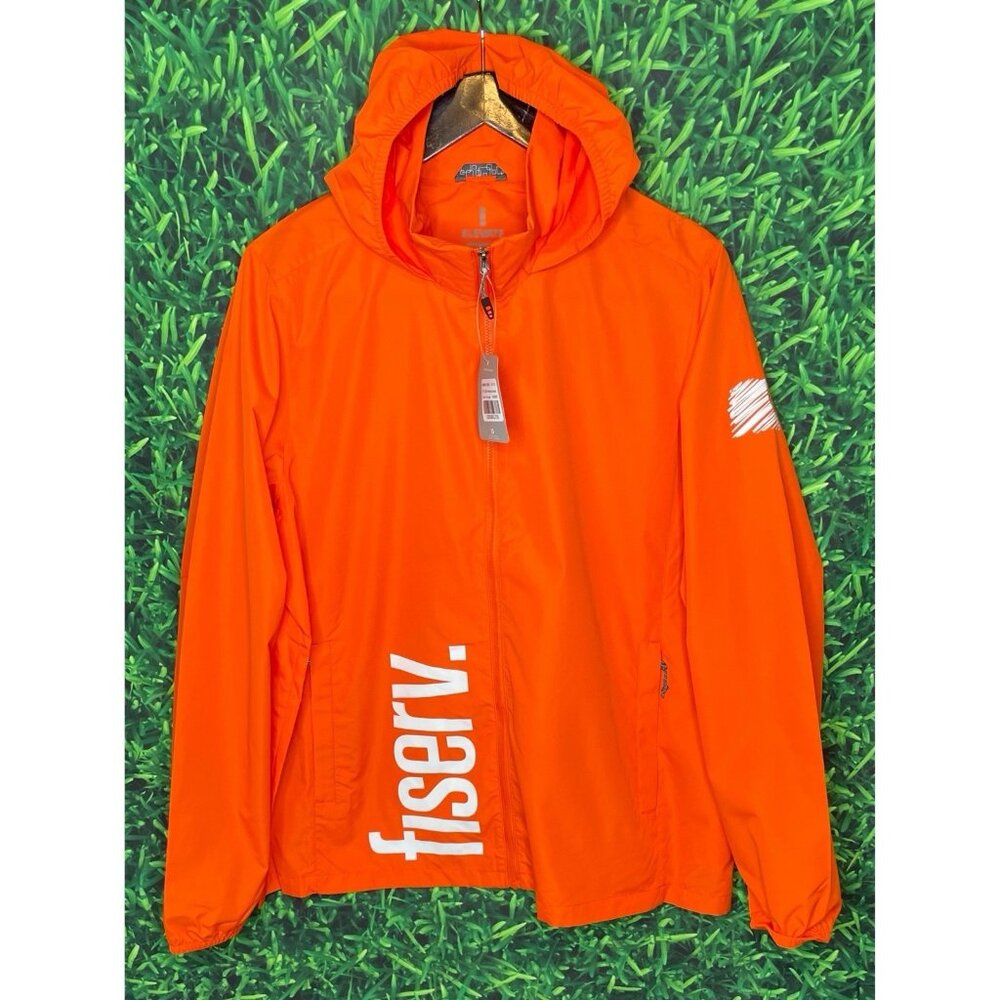 NWT Fiserv Orange Full Zip Hooded Women’s XL TOBA Packable Rain Jacket Fintech